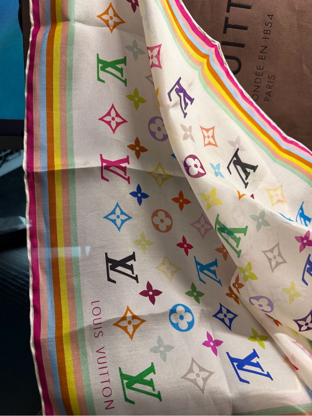 Louis Vuitton White Silk Scarf with Multicolor Monogram W/Box - Picture 2 of 7